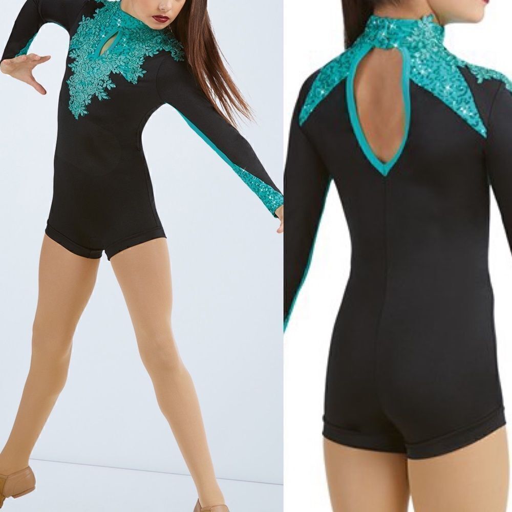 WEISSMAN Dance Costume biketard aqua lace appliqué Hallowed Ground 11084 MA